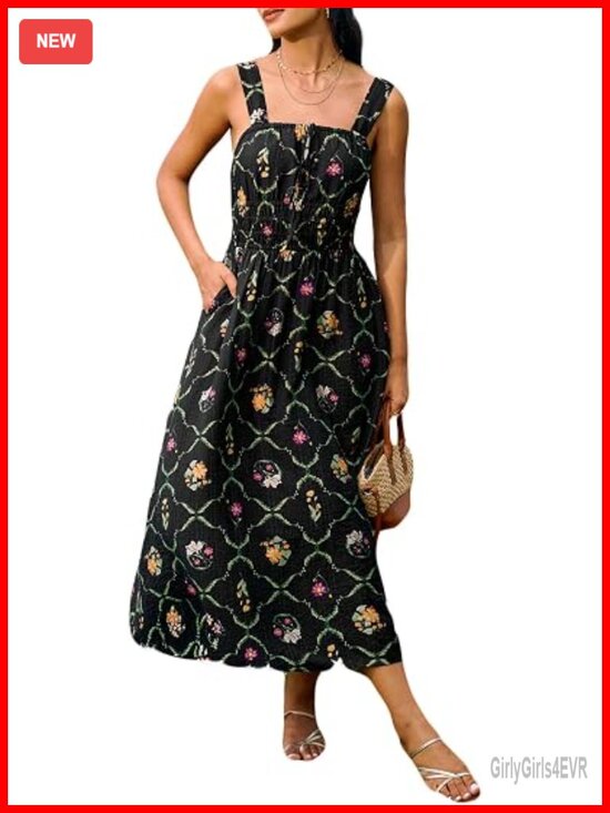 Dresses & Skirts - Backless Square Neck Smocked Waist Midi Dress with Pockets